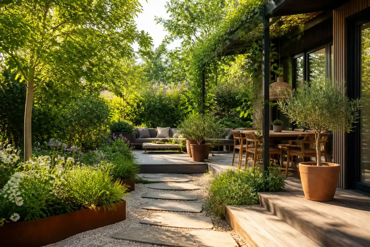 Un jardin foisonnant et lumineux, aux allures de prairie sauvage avec des touches de couleurs chaudes et des formes organiques