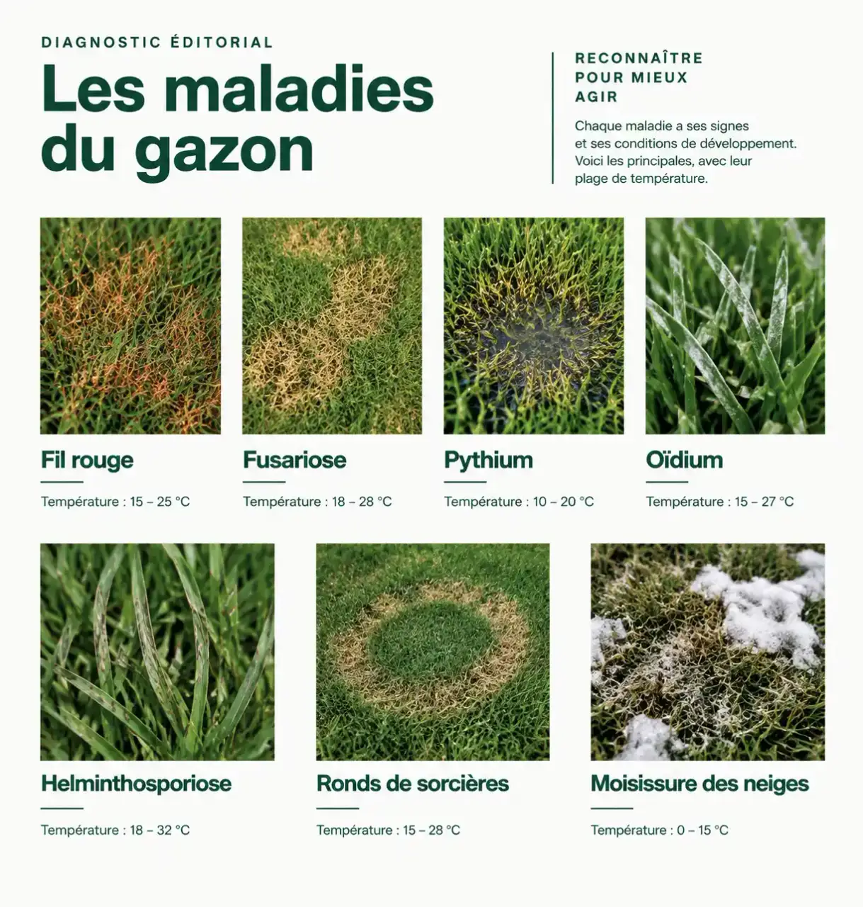 Repérage visuel des symptômes de maladie des gazons : fil rouge, fusariose, oïdium et ronds de sorcières