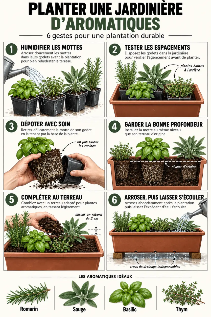 Étapes de plantation d’une jardinière plante aromatique extérieur avec drainage et bon espacement