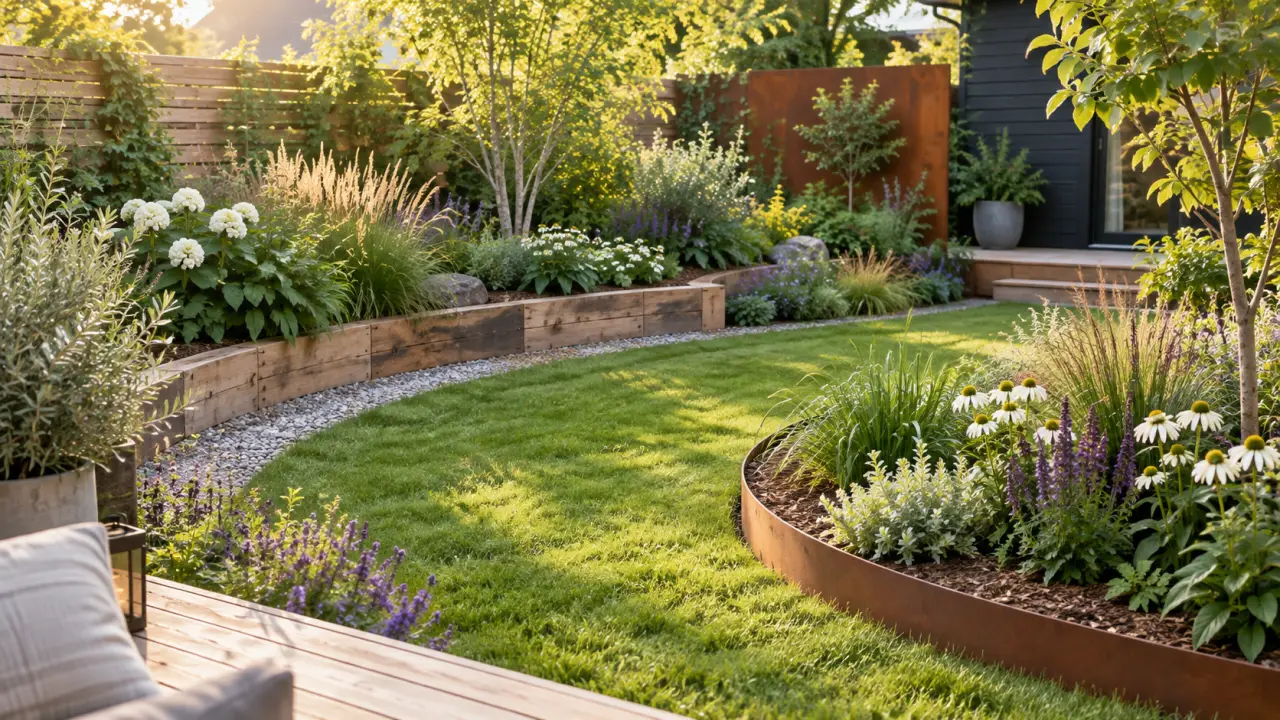 Massif de jardin aux bordures courbes avec des plantes vivaces et des graminées