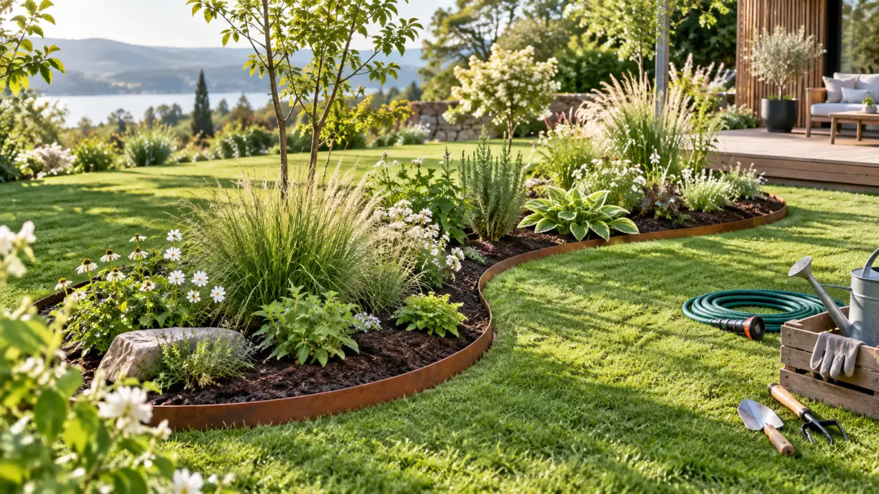 Massif de jardin aux courbes douces bordé de fleurs et de feuillages