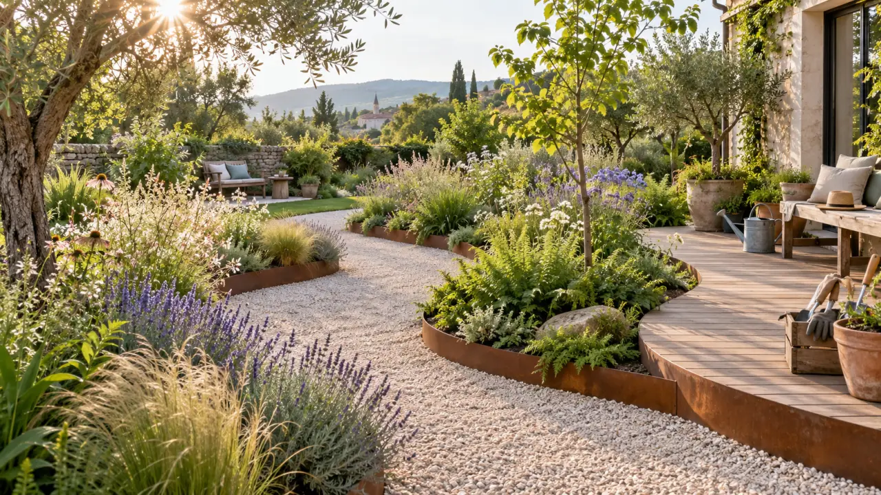 Jardin luxuriant composé d'allées sinueuses et de massifs aux formes organiques
