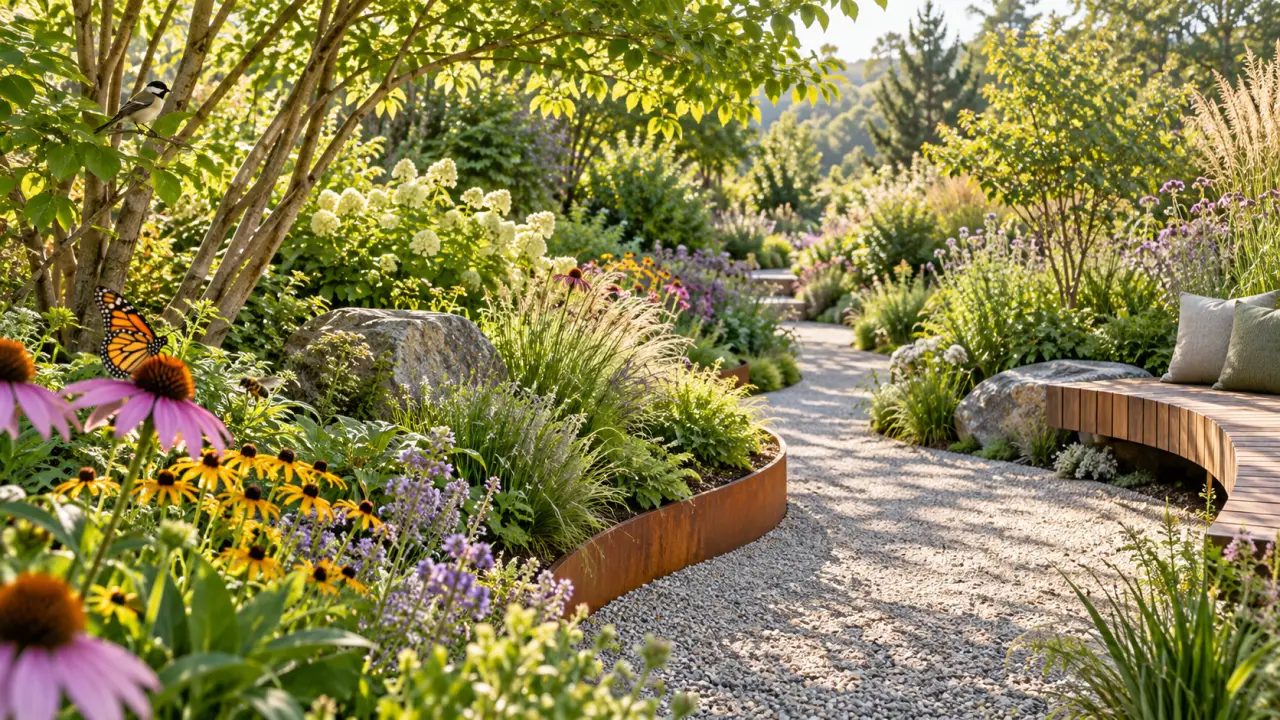 Jardin luxuriant composé d'allées sinueuses, de fougères et de fleurs sauvages