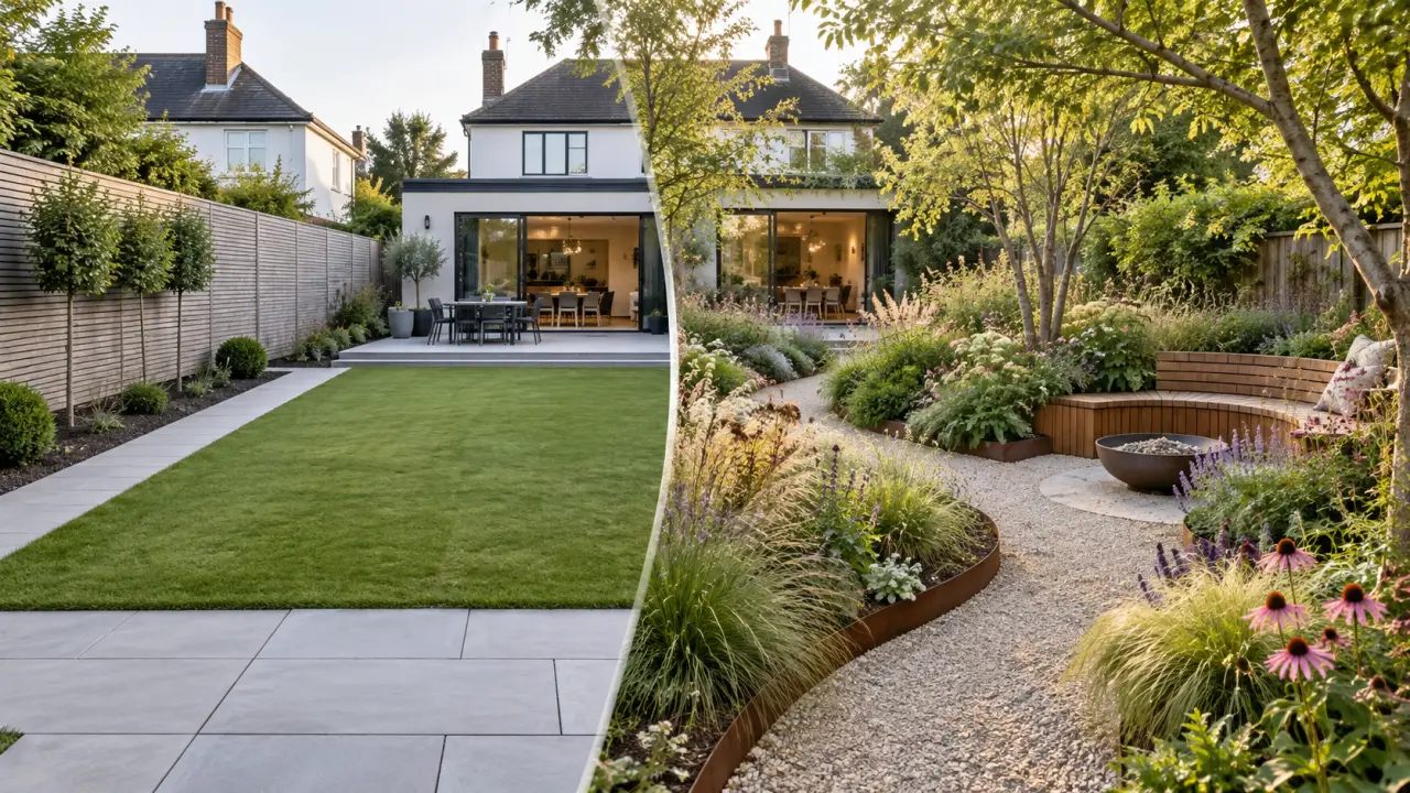 Jardin transformé avec des massifs courbes, une terrasse en bois et des éléments en acier corten