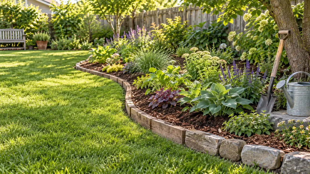 Massif de jardin courbe et fleuri entouré d'une bordure naturelle
