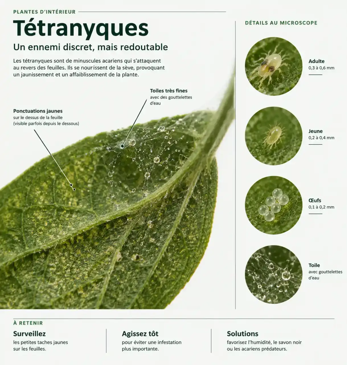 Araignées rouges sur plantes : points jaunes, toiles fines et acariens au revers d'une feuille vus de près