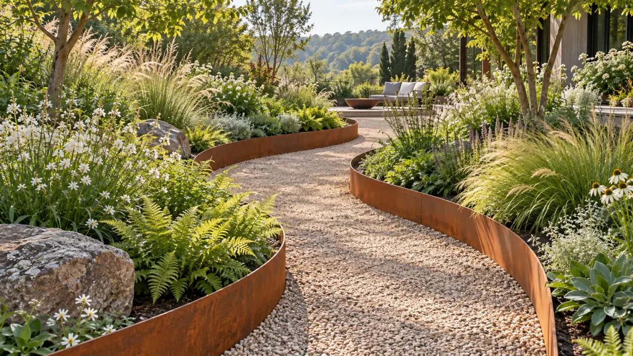 Chemin courbe en acier corten traversant un jardin planté de graminées et de vivaces