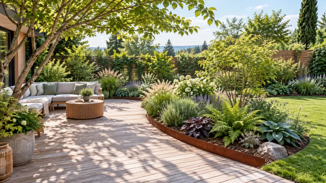 Massif courbe planté autour d'une terrasse en bois, avec des arbres créant une ombre légère