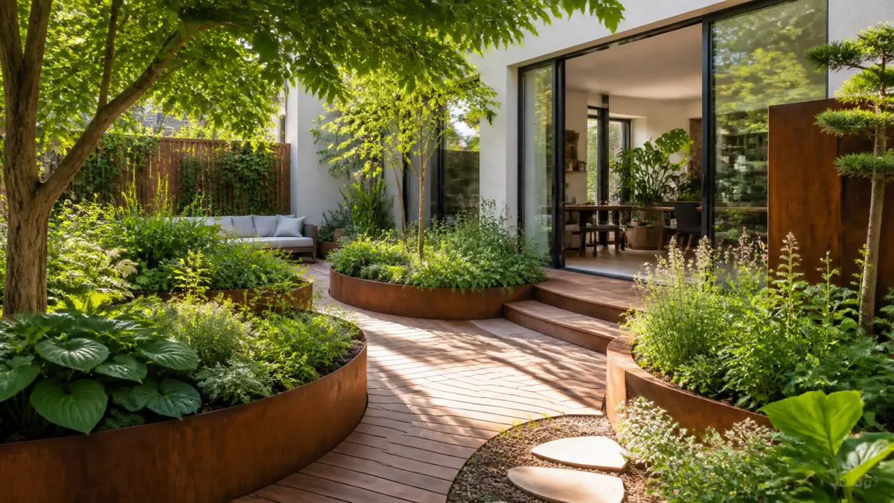 Jardin luxuriant aux allées sinueuses, dans une lumière dorée du matin
