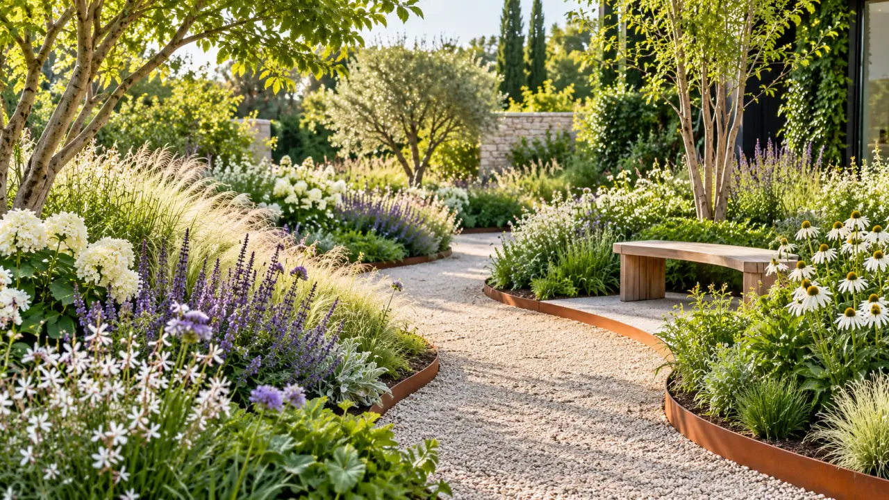 Jardin luxuriant traversé par des allées courbes en pierre naturelle