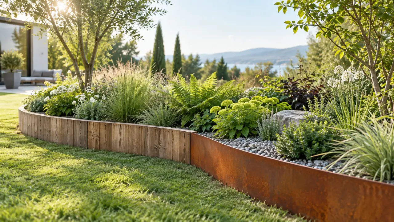 Courbe de jardin associant une bordure en bois et une jardinière en acier corten parmi des plantes naturelles