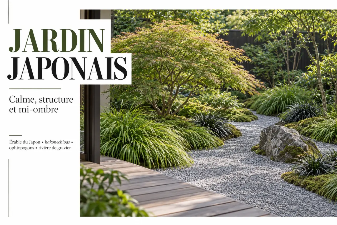 Plante japonaise extérieur dans une composition avec érable, hakonechloa, pierre et gravier