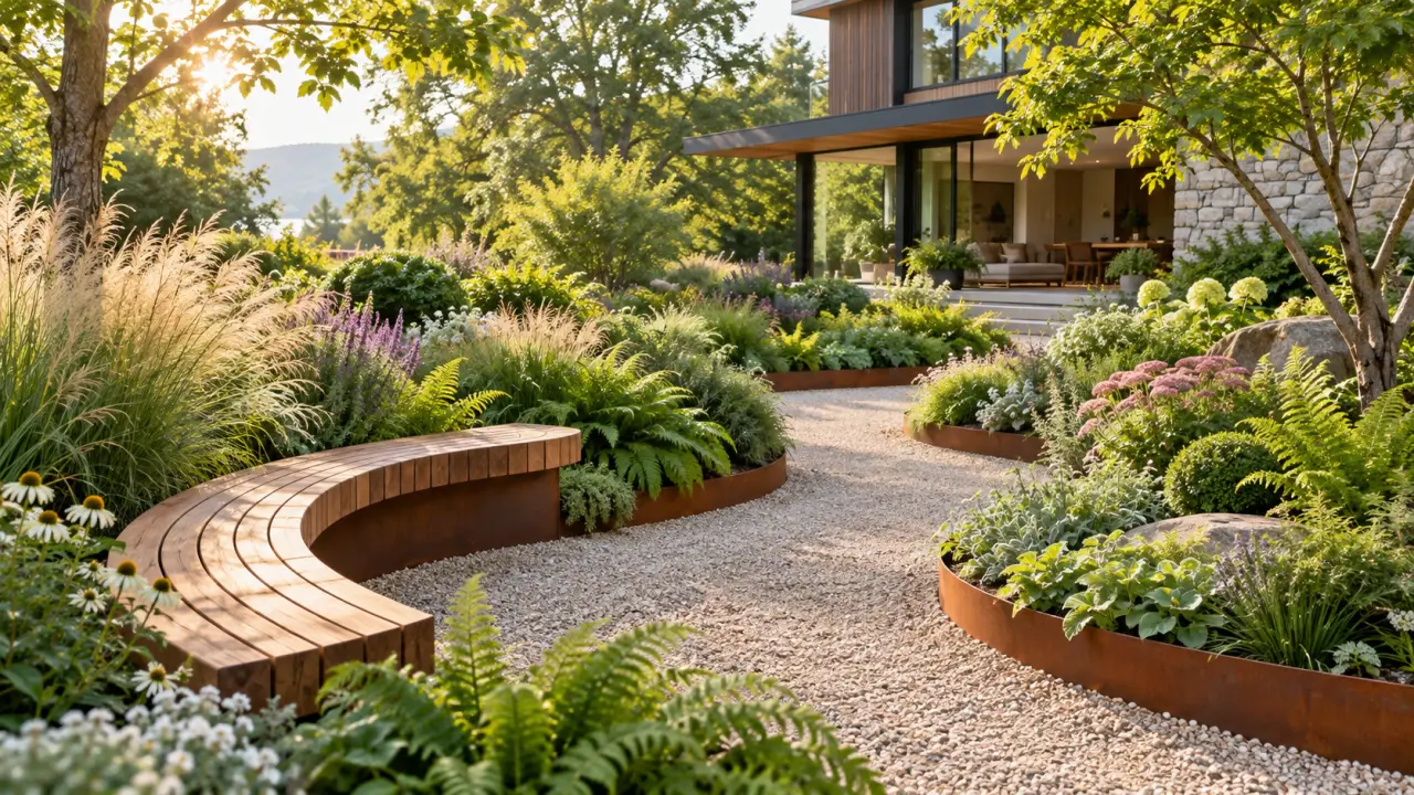 Jardin luxuriant aux allées sinueuses et aux plantations naturelles