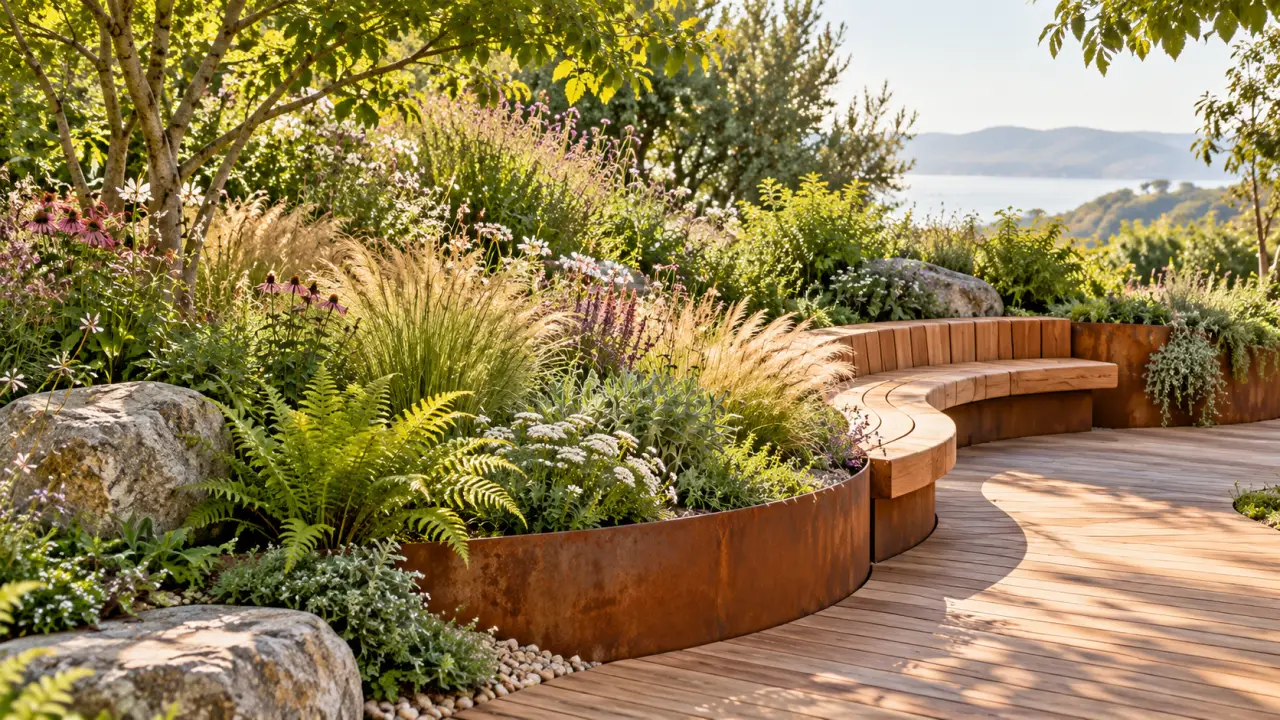 Jardin organique associant une bordure en bois et des éléments en acier corten
