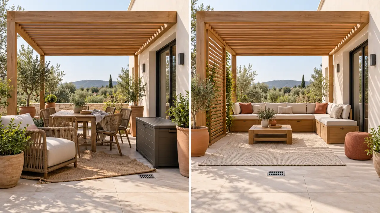 Avant après de décoration pergola extérieur avec mobilier, tapis et claustra