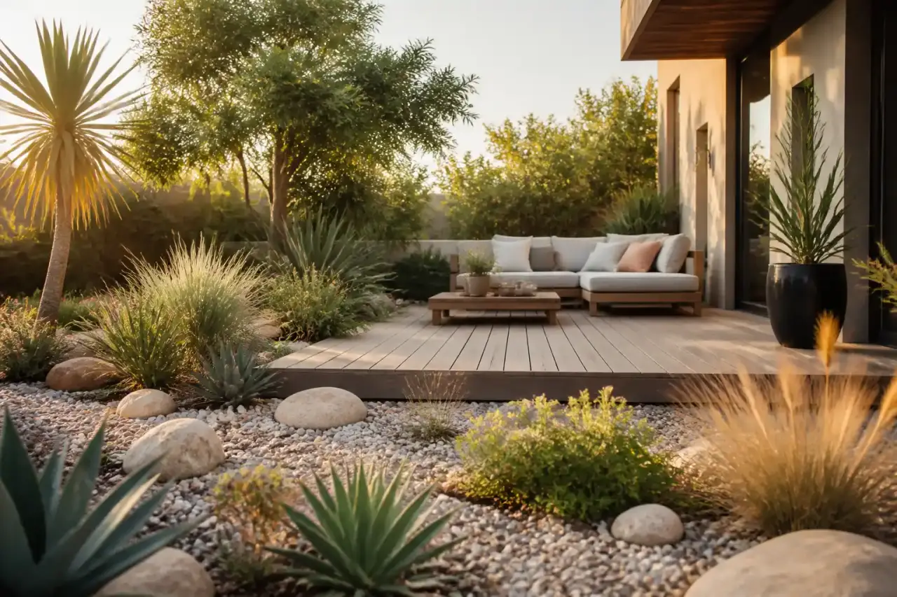Un magnifique coin d'ombre frais dans un jardin arboré avec des plantes luxuriantes