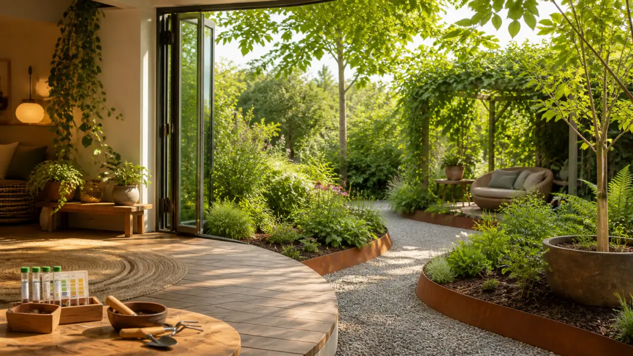 Jardin luxuriant aux allées sinueuses, inspiré du design biophilique