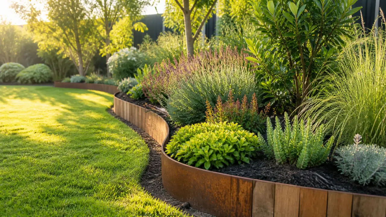 Massif en courbe avec bordure bois et corten dans un jardin lumineux