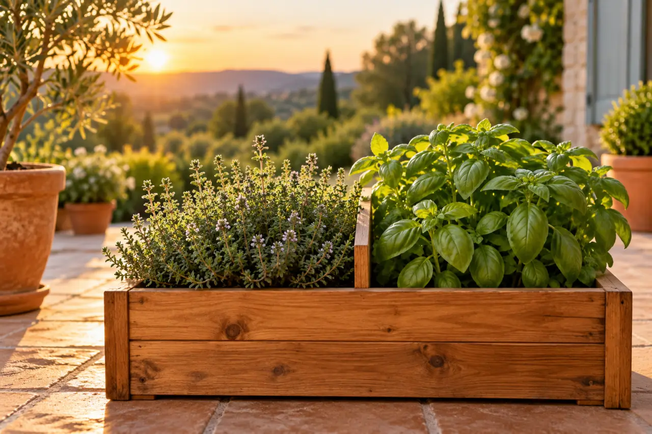 Jardinière de plantes aromatiques en extérieur : ne mélangez pas thym et basilic
