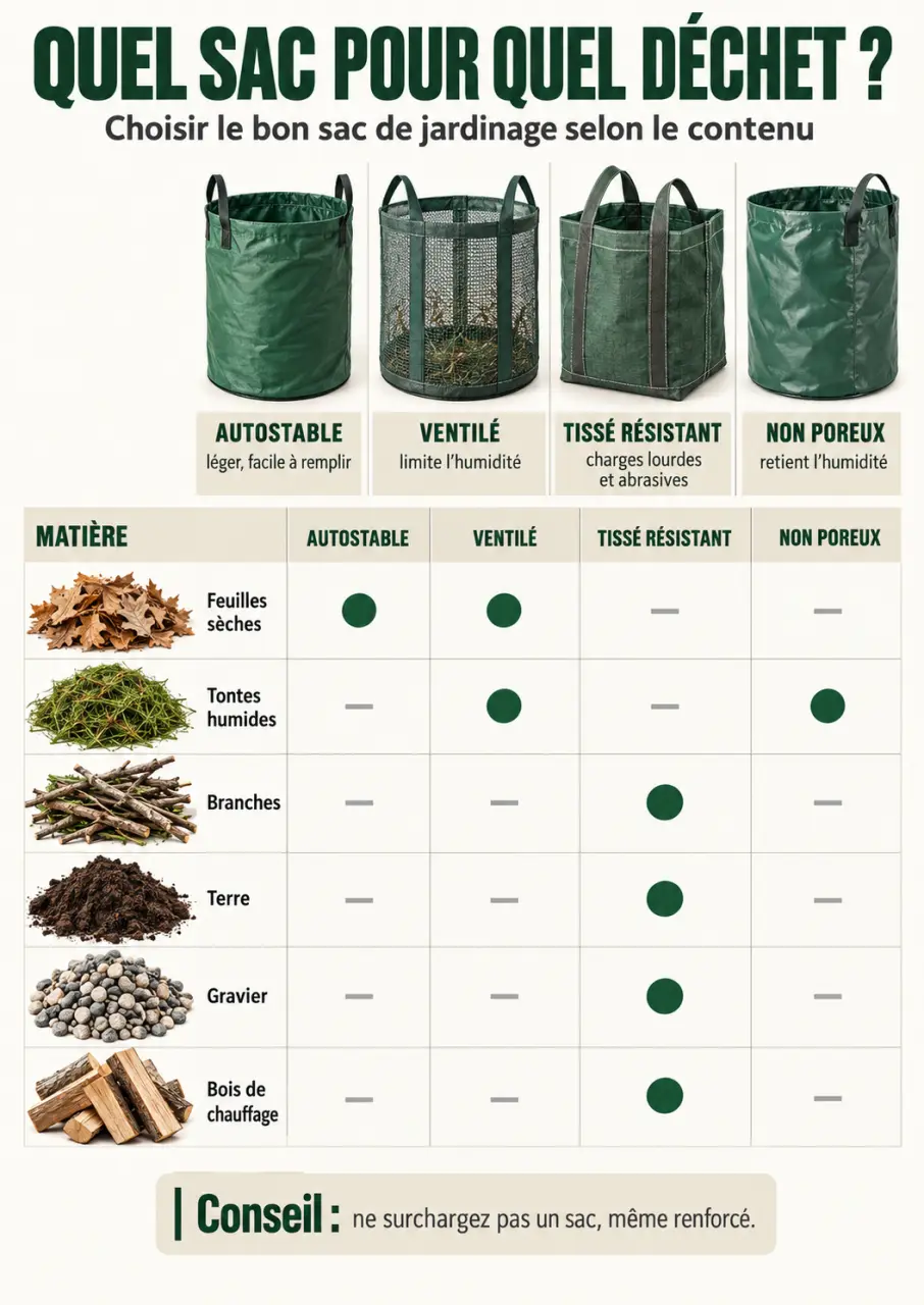 Infographie sur les sacs pour jardinage selon les déchets verts et les matériaux à transporter