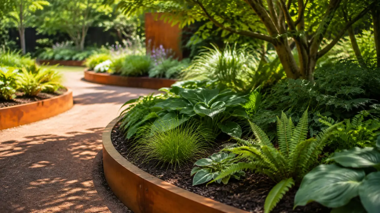 Jardin luxuriant aux allées sinueuses et lumière dorée du matin