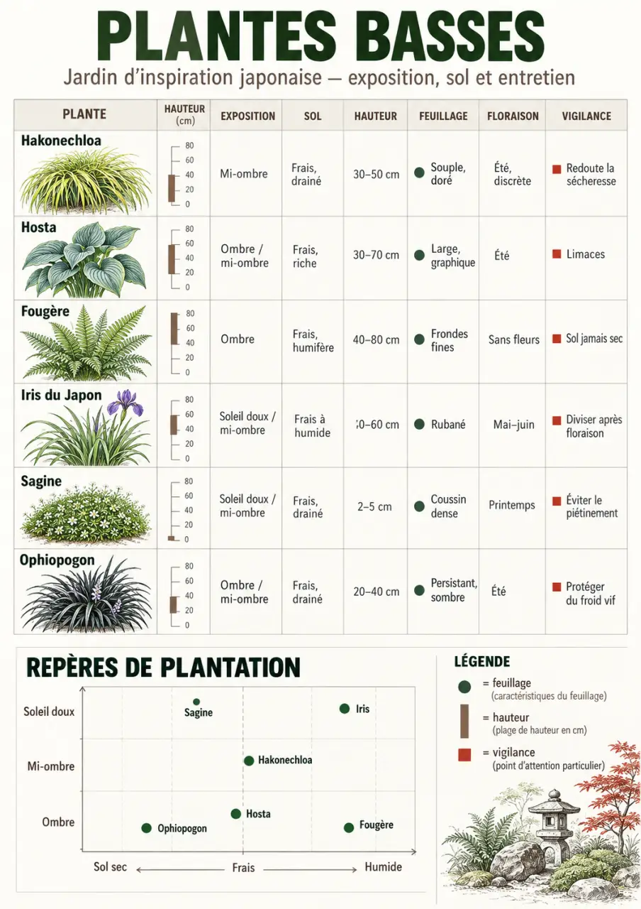 Infographie plante japonaise extérieur : exposition, hauteur et besoins des végétaux