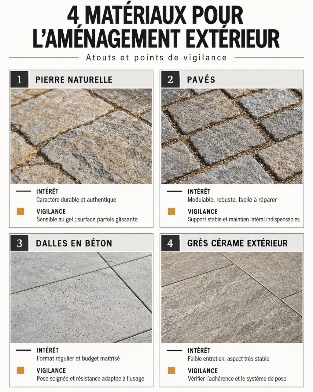 Infographie sur les matériaux choisis par un maçon paysager pour une terrasse ou une allée