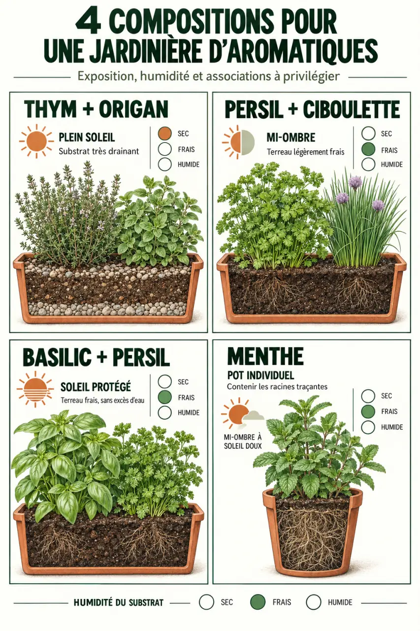 Infographie des associations pour une jardinière plante aromatique extérieur selon l’exposition et l’arrosage