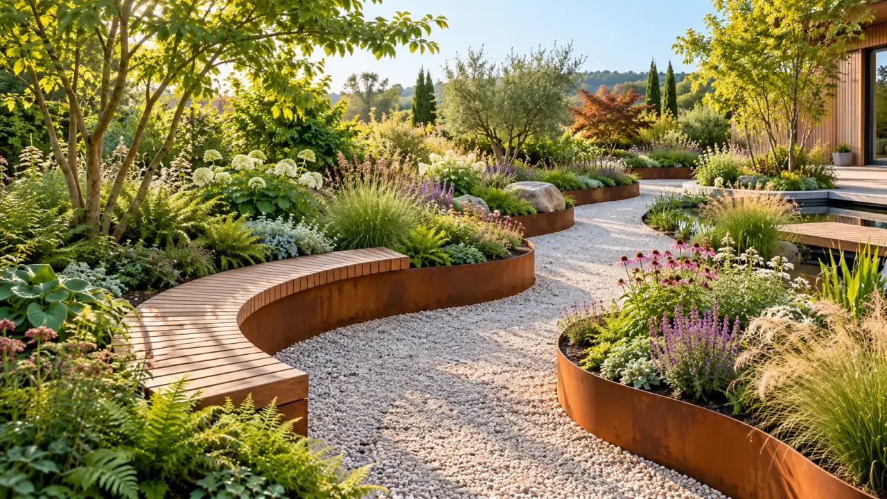 Jardin luxuriant aux allées sinueuses, bordées de fougères et de fleurs sauvages