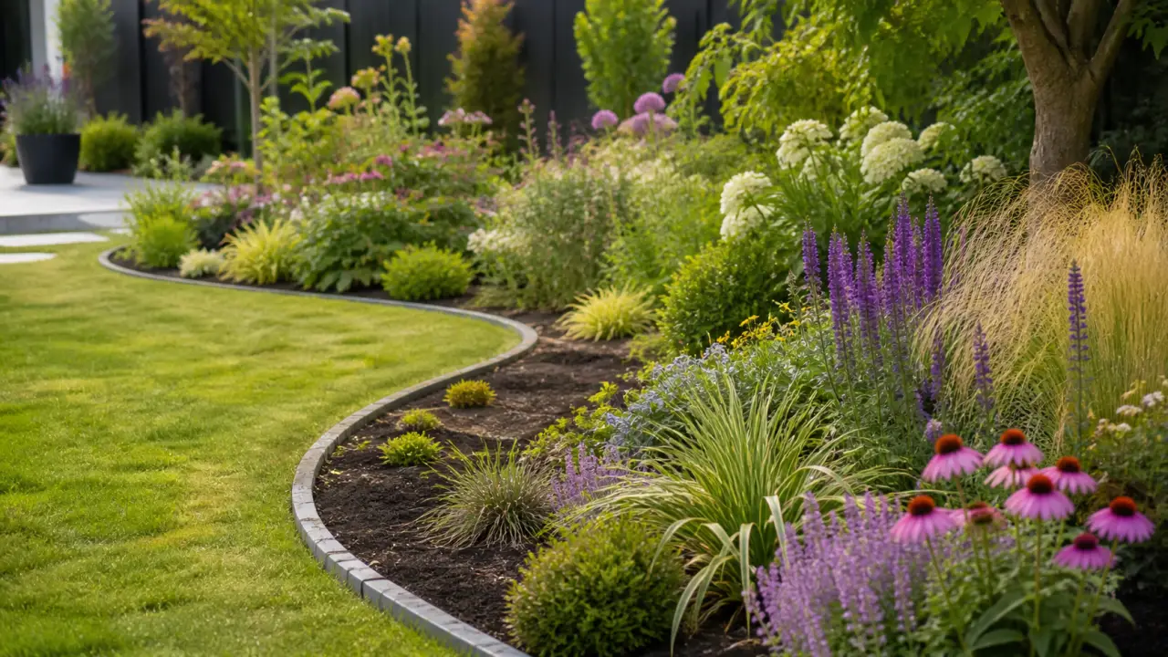 Vue en plongée d'un jardin luxuriant avec des allées sinueuses en pierre naturelle, entourées de fougères et de fleurs sauvages