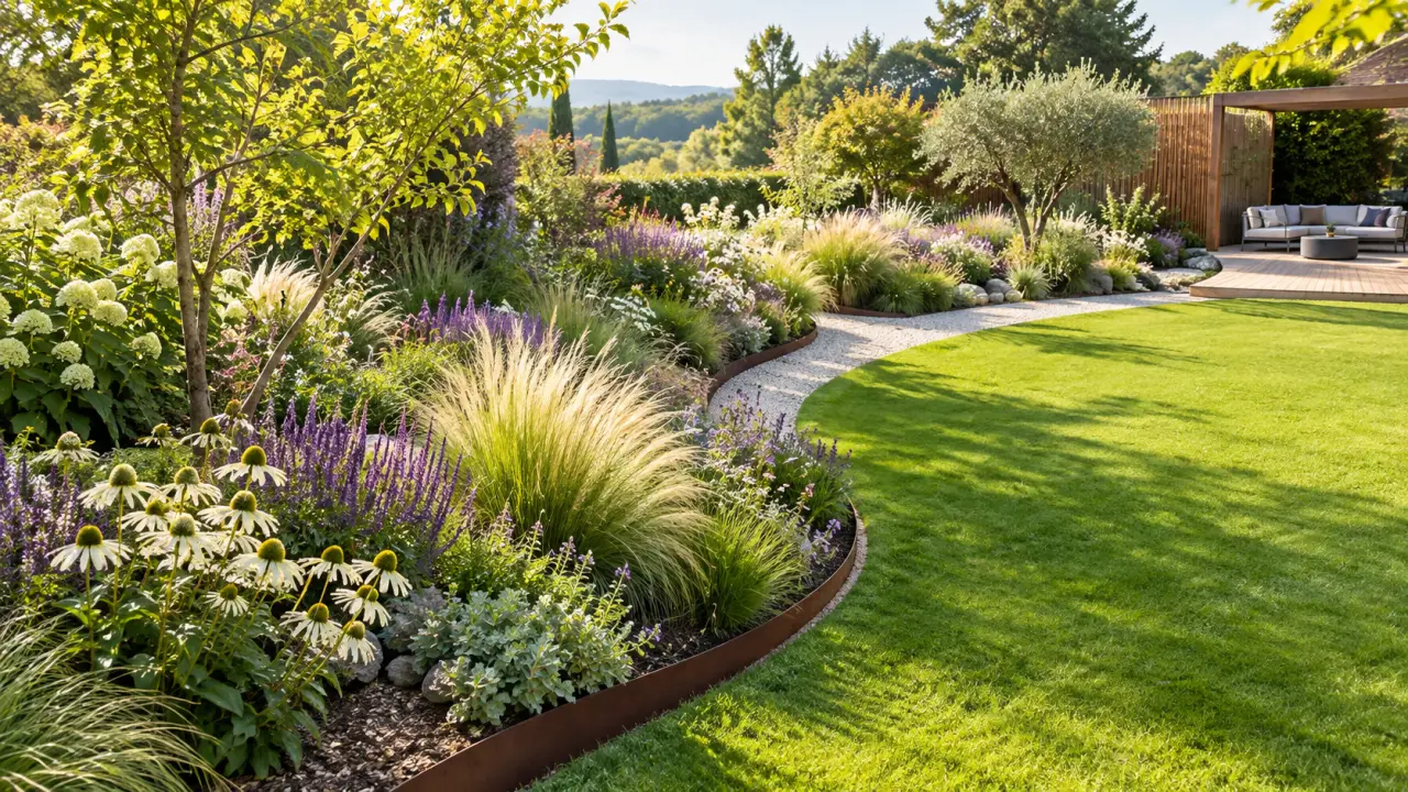 Massif de jardin aux bordures courbes, composé de vivaces et de graminées