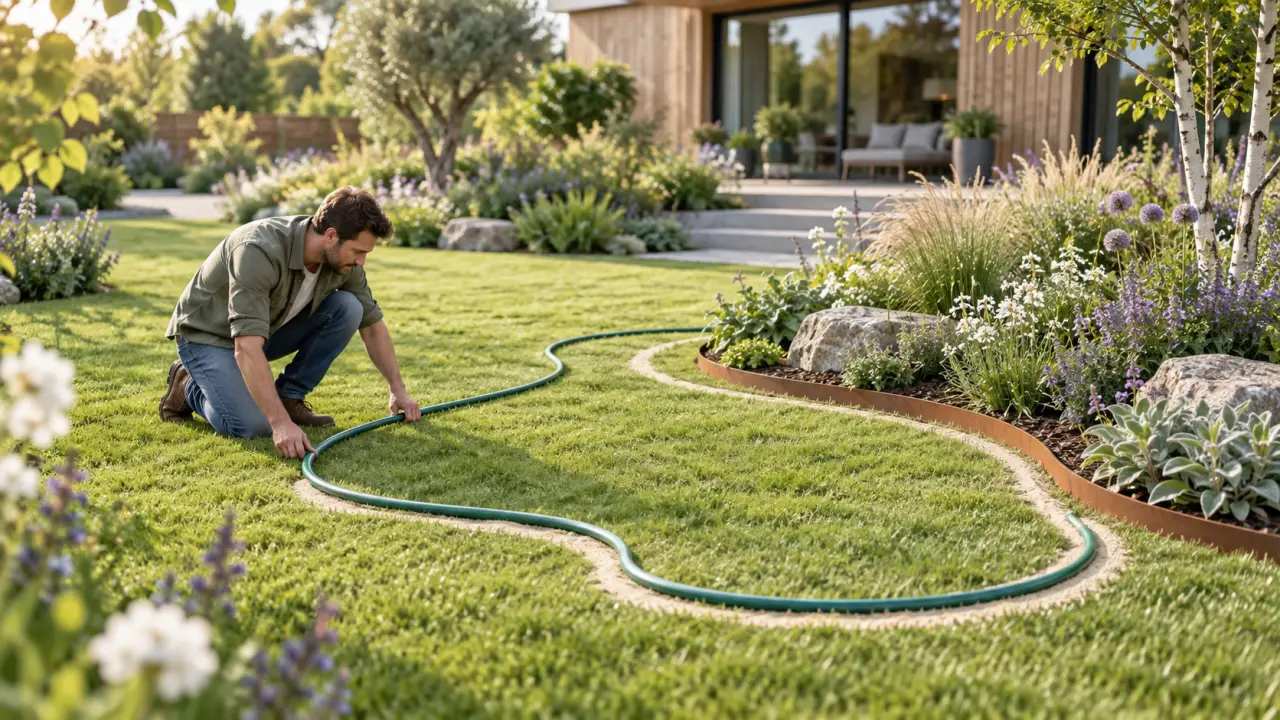 Dessiner un massif de fleurs aux formes douces et ondulées dans un jardin printanier