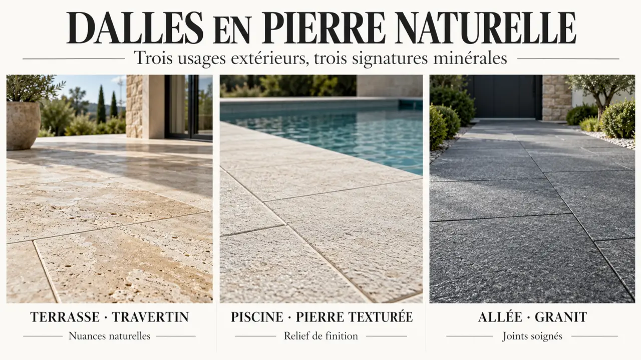 Dalles pierres naturelles extérieur en travertin, granit et pierre texturée pour terrasse, piscine et allée