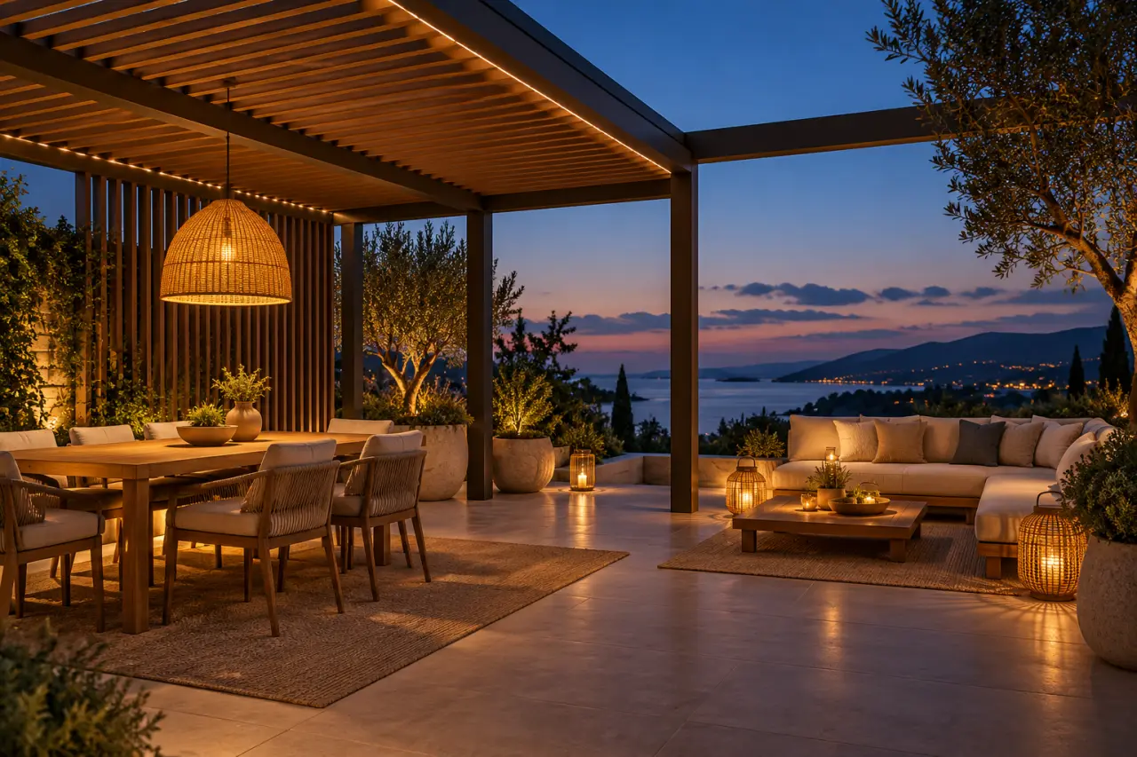 Éclairage et décoration pergola extérieur avec guirlande, suspension et lanternes