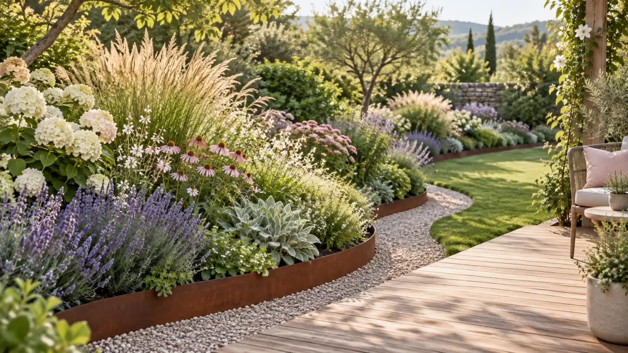 Massif de jardin aux bordures courbes, planté de vivaces et de graminées