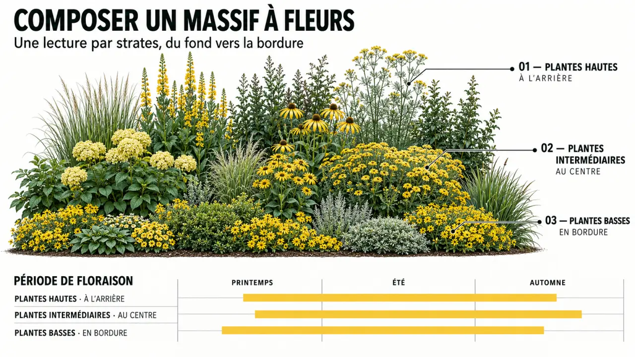 Infographie sur la composition d’un massif à fleurs par hauteurs et périodes de floraison